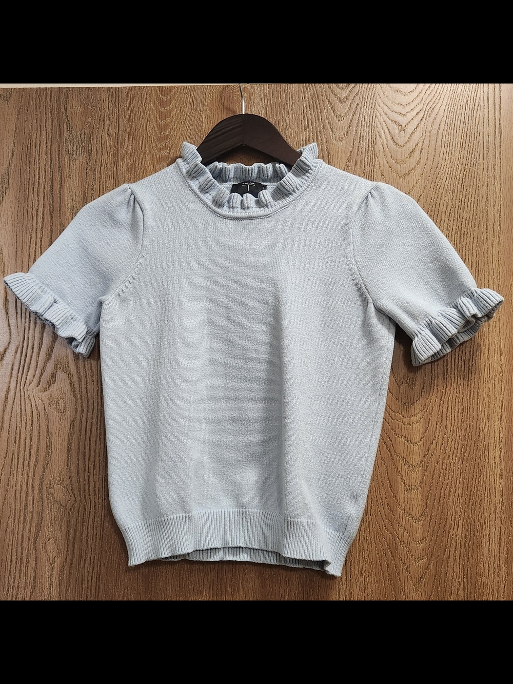 Tahari Pale Blue Knit Top with Ruffled Trim